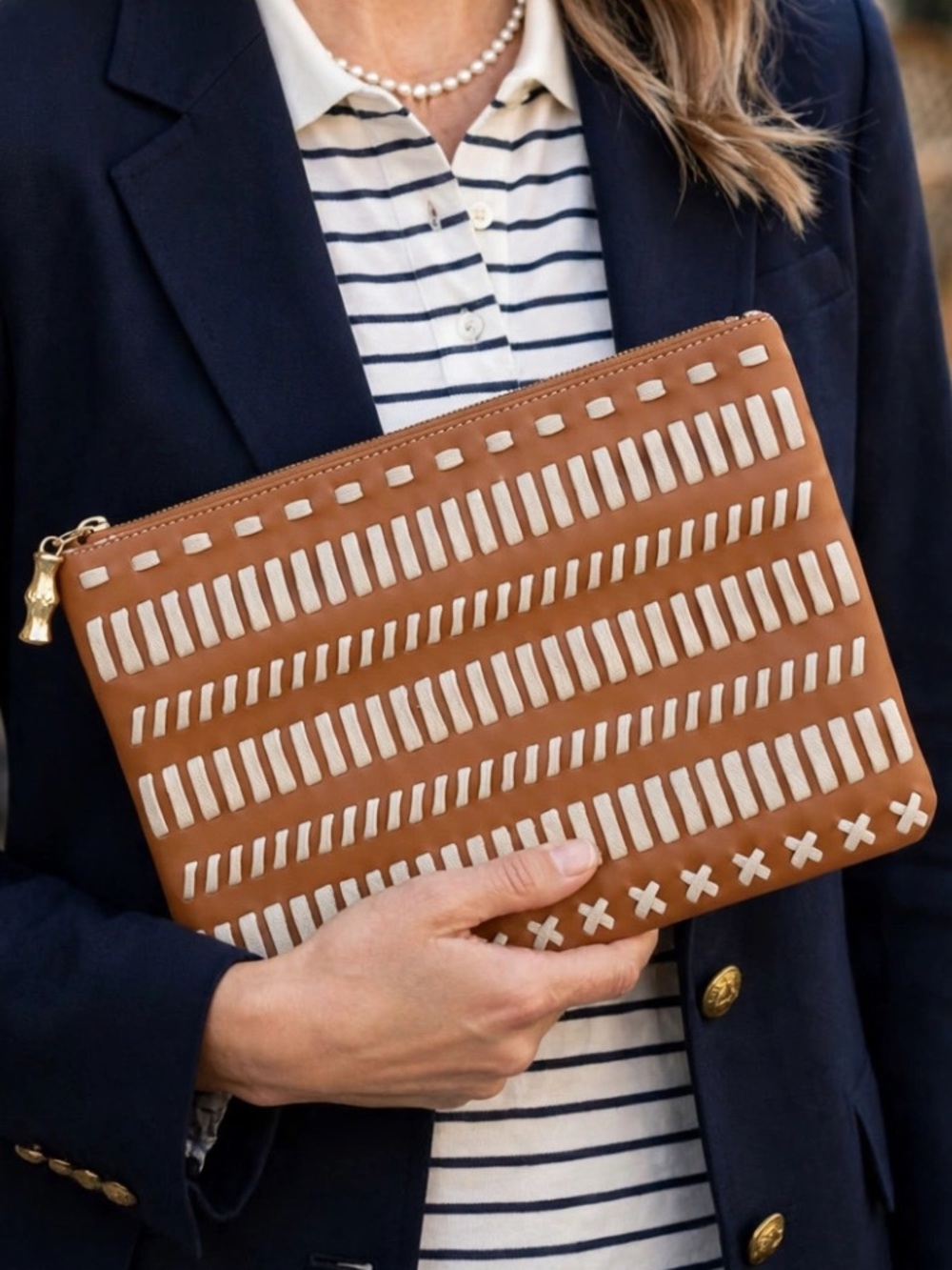 J. Mclaughlin || Jenna Stitched Leather Clutch Bag Purse Cognac Tan
